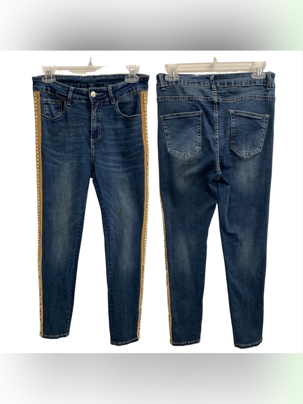 Frank Lyman Design Dark Blue Skinny Jeans with Gold Side Trim Size M